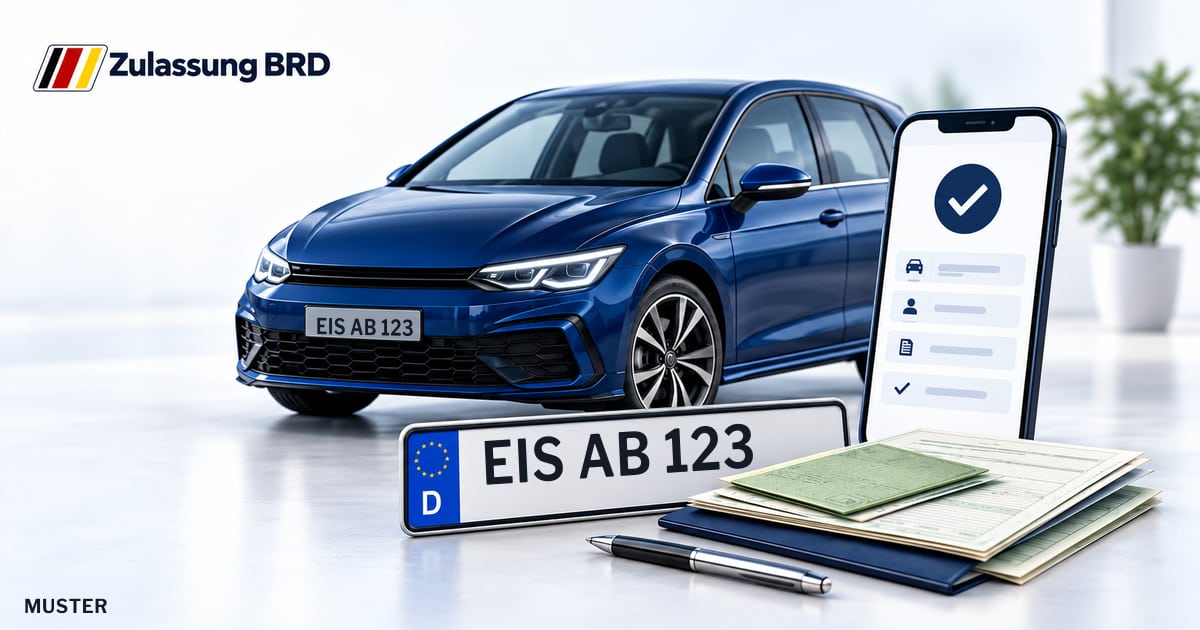 Online Fahrzeugzulassung in Eisenberg: Musterkennzeichen EIS AB 123, Auto und Fahrzeugpapiere und Smartphone. Illustration mit Logo von Zulassung BRD.